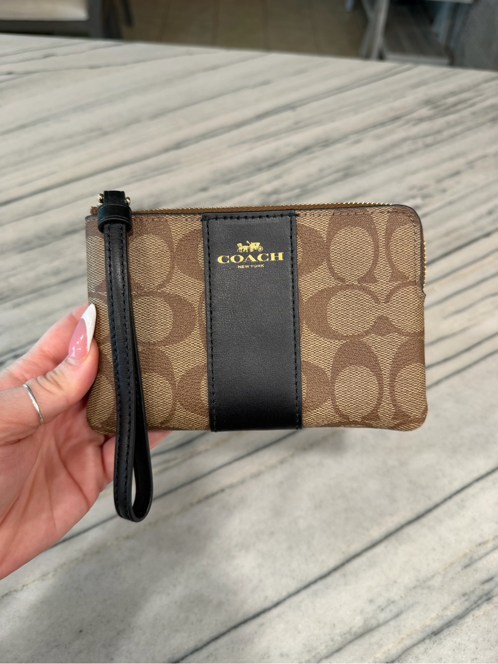 Coach Brown Signature Canvas Wristlet with Black Accent